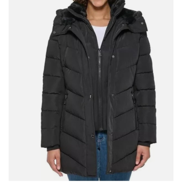 Andrew Marc Womens midi Hooded Puffer Coat Jacket sz 2X black faux fur trim warm - Picture 1 of 10